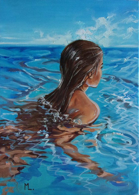 " SWIMMING IN BLUE " 50 x 70 cm SWIMMING POOL original painting  PARADISE GIFT MODERN URBAN ART OFFICE ART DECOR HOME DECOR GIFT IDEA