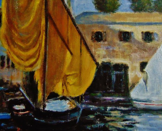 A boat with a golden sail, San Vigilio/free shipping in USA