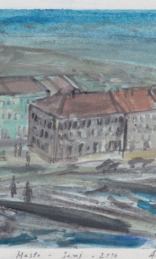 Mesto / Town - Senj, August 2016, acrylic on paper, 19,9 x 28,6 cm by Alenka Koderman