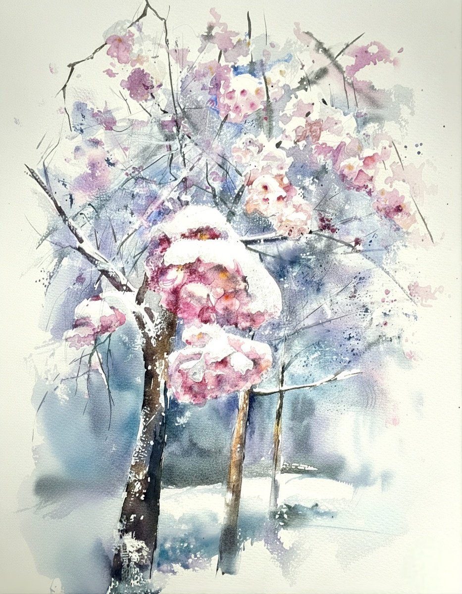 Impressionistic Watercolour , Pink Cherry Blossoms Snow Landscape By Sonata Art, 17 X 20, Artwork For Sale On Artfinder