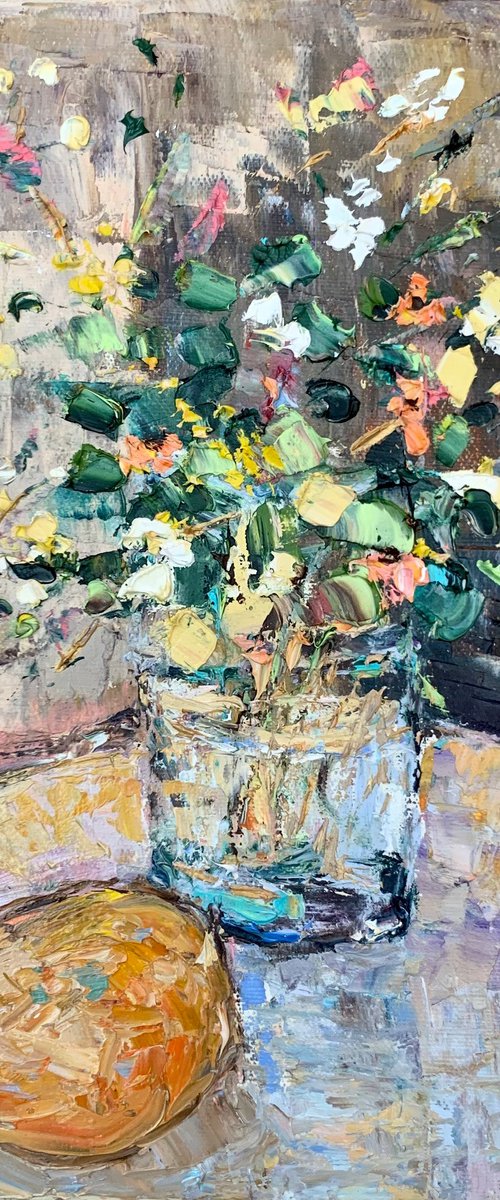 Still life with flowers and orange by Vilma Gataveckienė