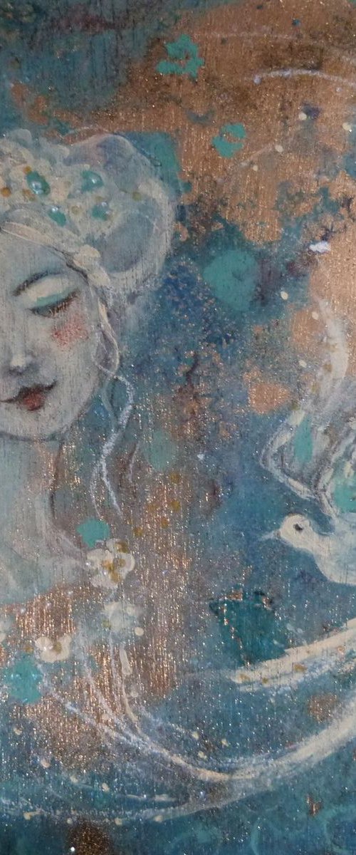 "Delicate flight."mixed media on wood  20x20cm by Loetitia Pillault