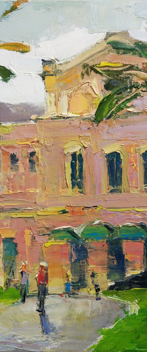 Sunny day. Theatre building in Rome . Original plein air oil painting . by Helen Shukina