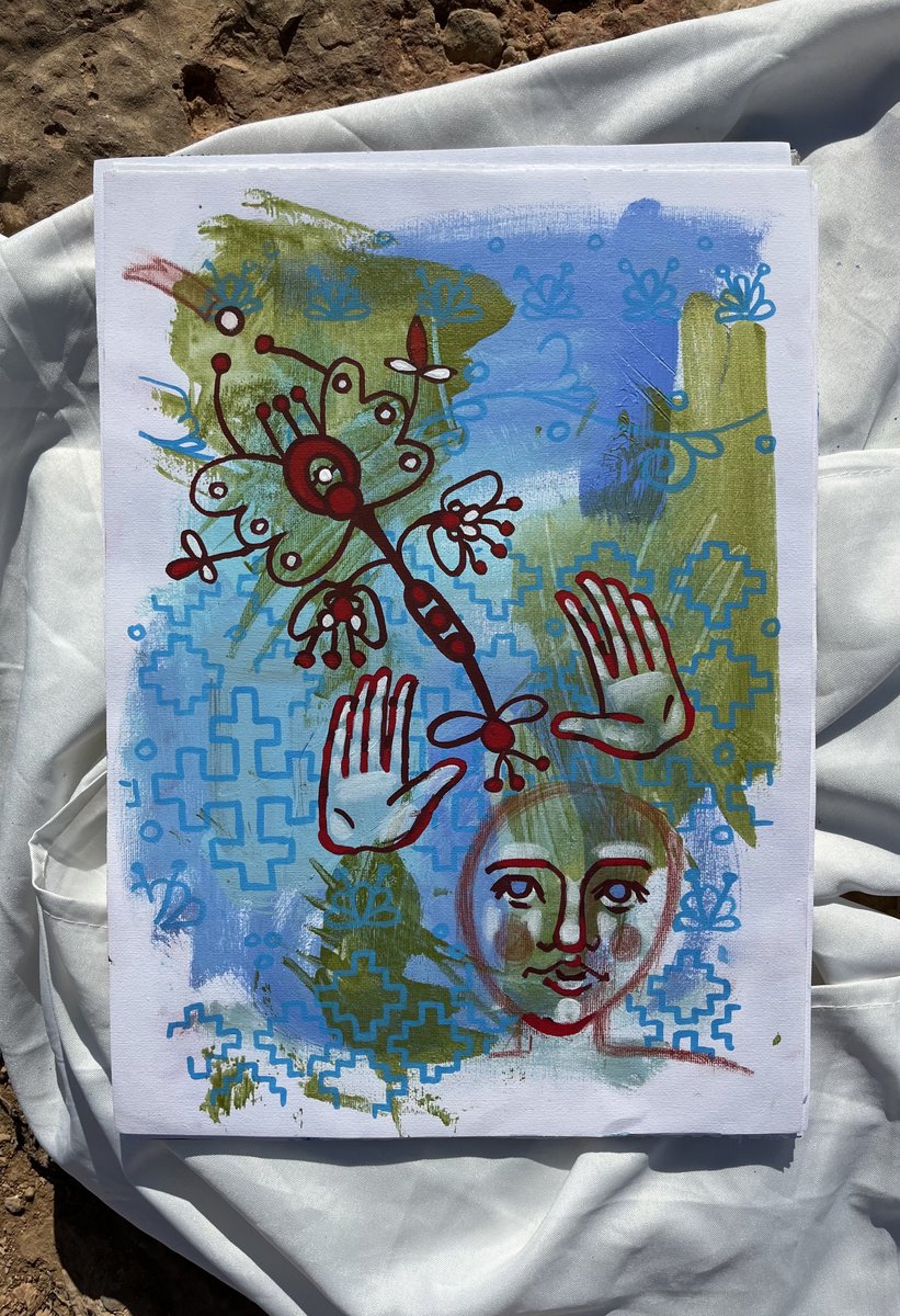 Naive Portrait Acrylic Painting By Yuliia Chaika, 12 X 16", Flowers Grow From Thoughts, Original Artwork