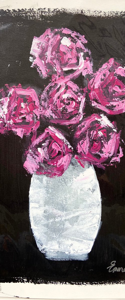 Vibrant Pink Roses acrylic on paper by Emma Bell