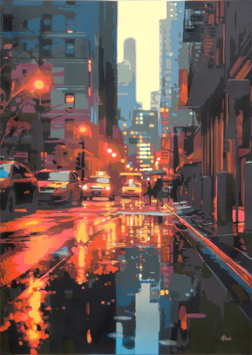 Photorealistic Cityscapes Painting By Marco Barberio, 20 X 28", New York City Rain #7, Original Artwork
