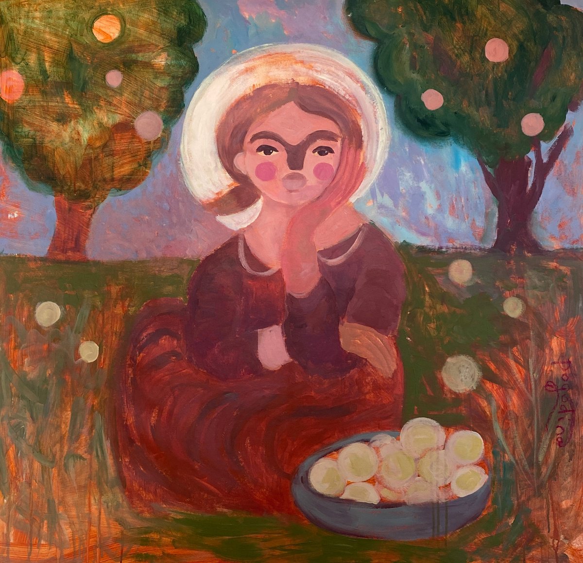 Impressionistic Portrait Acrylic Painting By Dasha Pogodina, 37 X 37, White Transparent Apples, Original Artwork