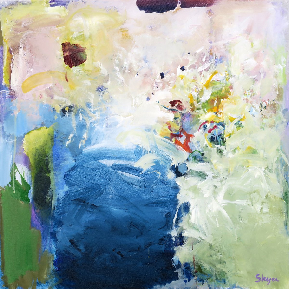 Expressive Abstract Acrylic Painting By Thomas Steyer, 28 X 28", Picnic By The Lake, Original Artwork