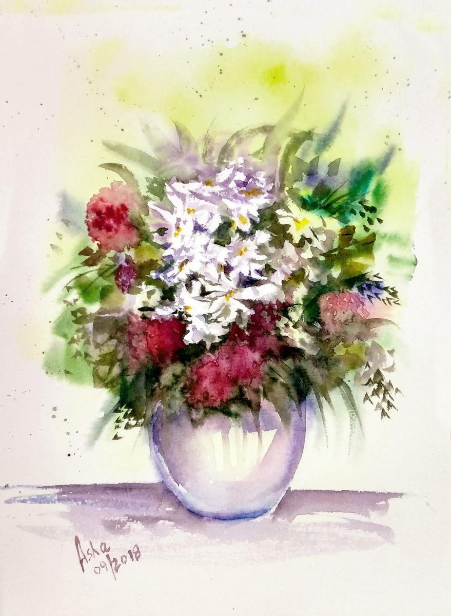 Impressionistic Watercolour , Vase Of Wild Summer Flowers By Asha Shenoy, 10 X 14, Artwork For Sale On Artfinder