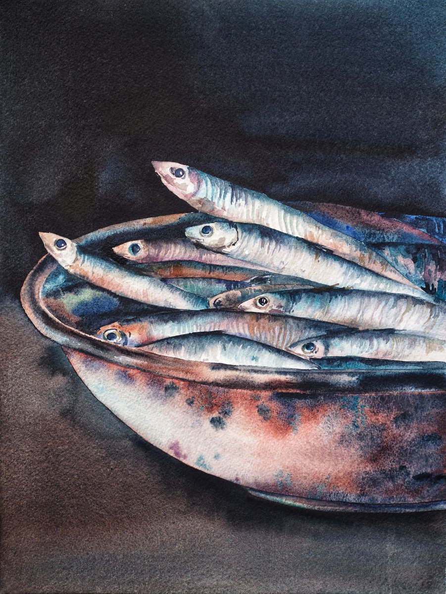 Fish in a bowl - original watercolor - seafood kitchen - darkness light by Delnara El