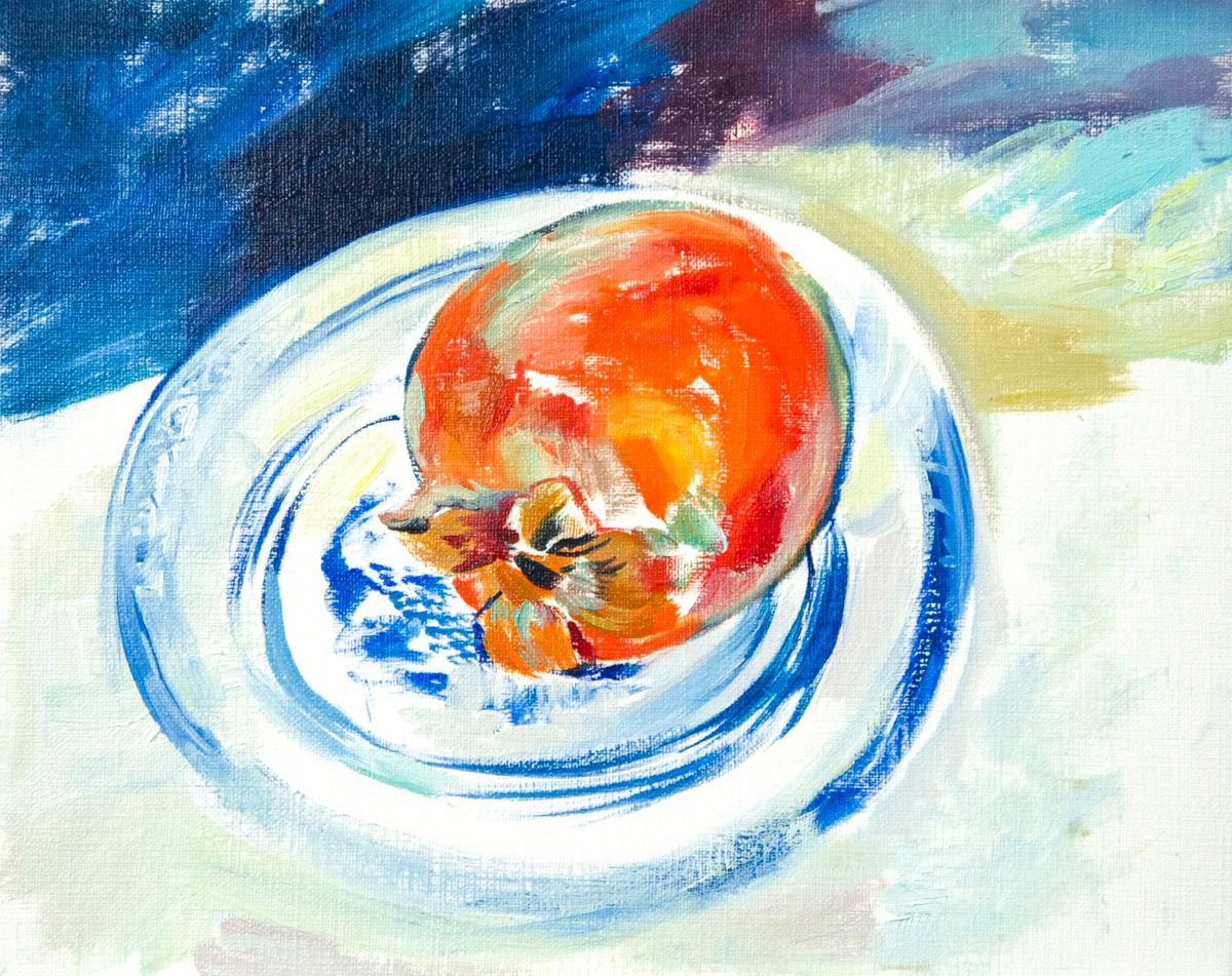 Impressionistic Still Life Oil Painting By Daria Galinski, 9 X 7, Persimmon, Original Artwork