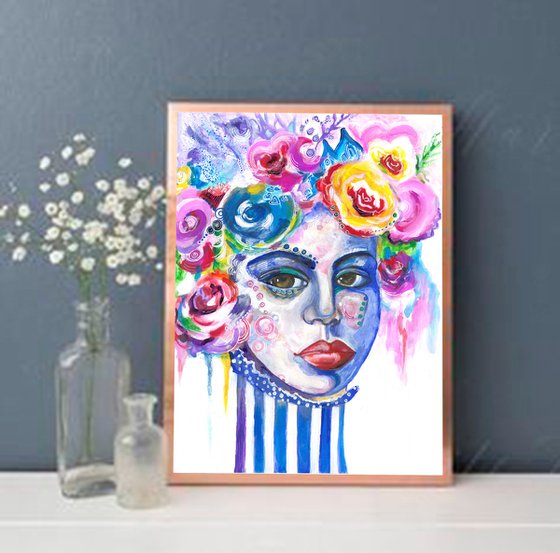 Flower Portrait 1, Floral Woman Portrait Painting Bouquet Modern Wall Art