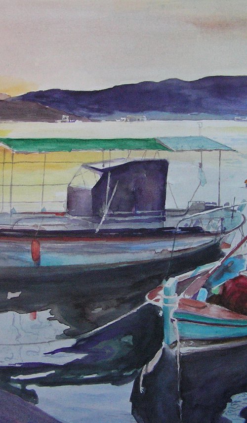 TWO FISHING BOATS IN SUNSET  /45 x 32 cm by Zoran Mihajlović Muza