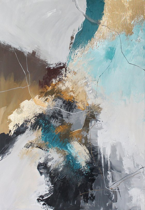 "Blue Rime 2" Teal gray gold abstract acrylic