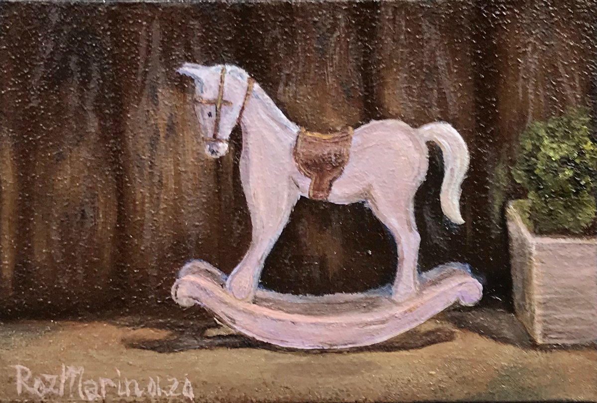 Naive Animal Oil Painting By Marina Deryagina, 6 X 4", Rocking Horse 1.4, Original Artwork