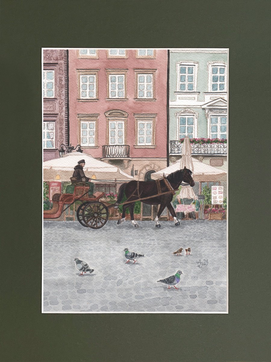Photorealistic Cityscapes Watercolour By Jolanta Czarnecka, 12 X 16, Horse Carriage In The Old Town, Original Artwork