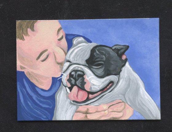 ACEO ATC Original Miniature Painting English Bulldog Pet Dog Human Love Art-Carla Smale