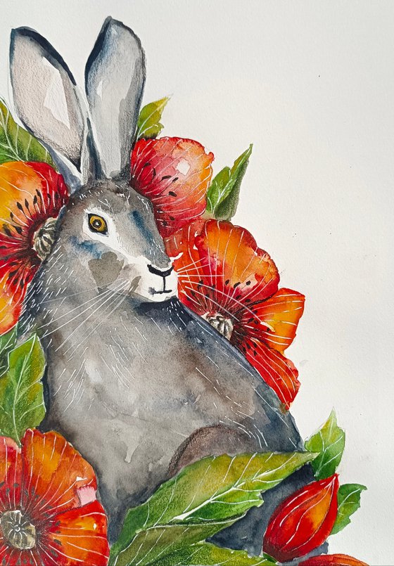 Rabbit with red flowers