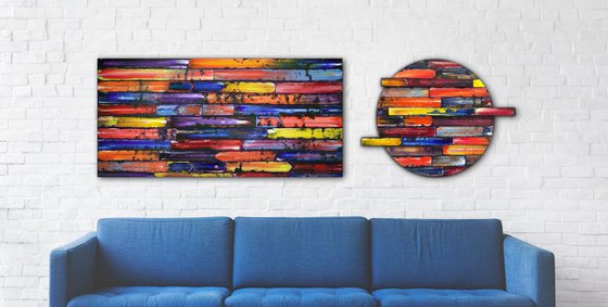 "Inseparable" - Save As A Series - Original PMS Sculptural Oil Painting Assemblage Diptych On Circular Wooden Panels - 79 x 24 inches