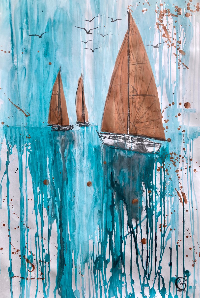 Expressive Landscape Painting By Valeria Golovenkina, 24 X 35", Bronze Sails 2, Original Artwork