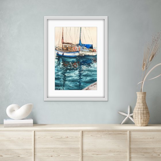 Reflections of yachts at sea. Original watercolor painting.