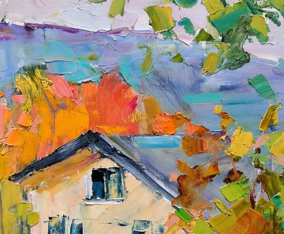 House in the mountains . Autumn garden, rest . Original oil painting