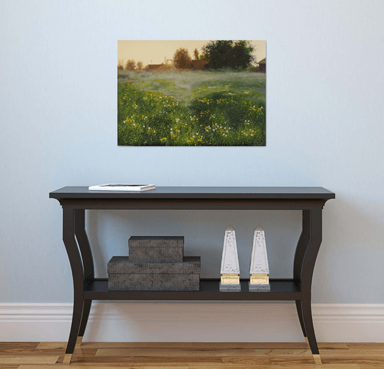 Dandelions Field, Misty Meadow Sunrise