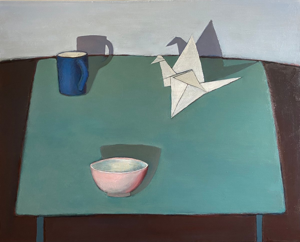 Impressionistic Still Life Oil Painting By Nigel Sharman, 32 X 26", Still Life With Origami Bird And Pink Bowl, Original Artwork
