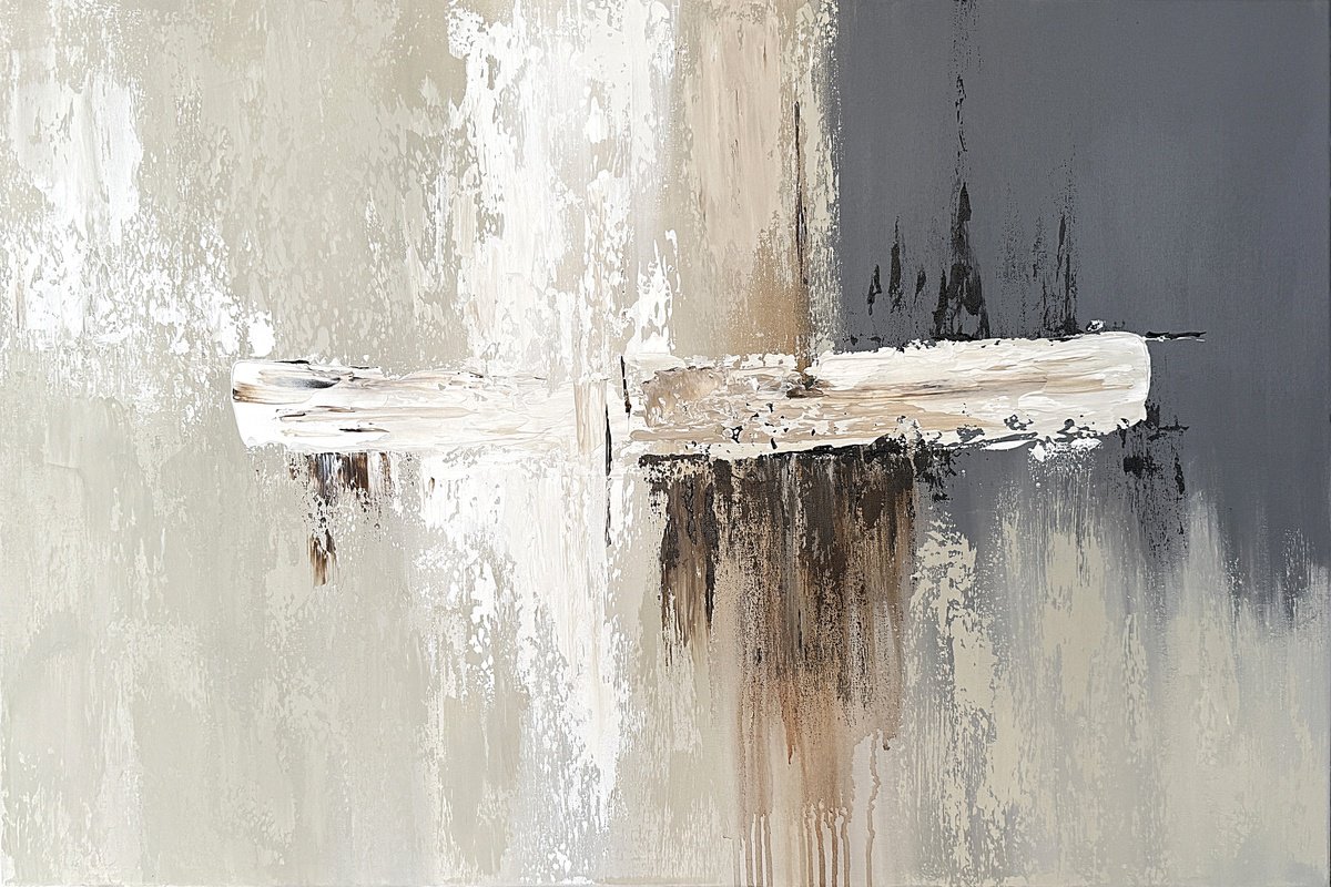 Geometric Abstract Acrylic Painting By Tatiana Malinovscaia, 35 X 24", Traces Of Calm Brown Grey, Original Artwork