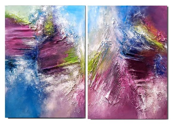 Rainbow clouds 2x50x70cm Abstract Textured Painting