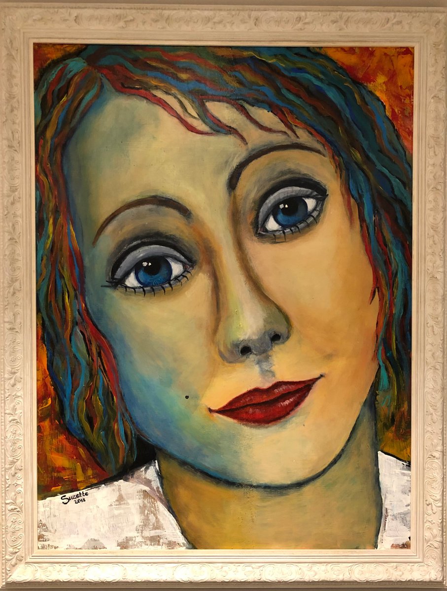 Naive Portrait Acrylic Painting By Suzette Datema, 37 X 46", Dreamer, Original Artwork