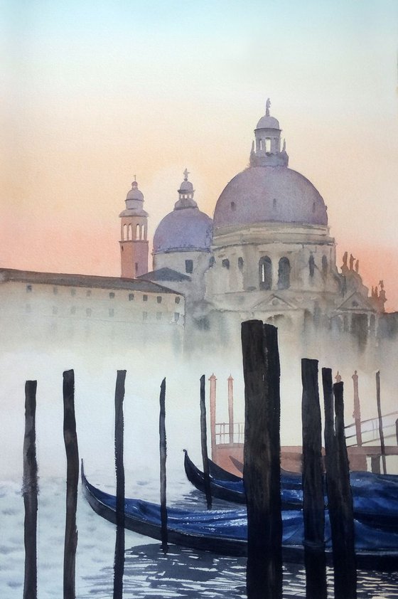 Canal Grande Venice Italy - Gondolas -  fog - sunrise - Santa Maria della Salute