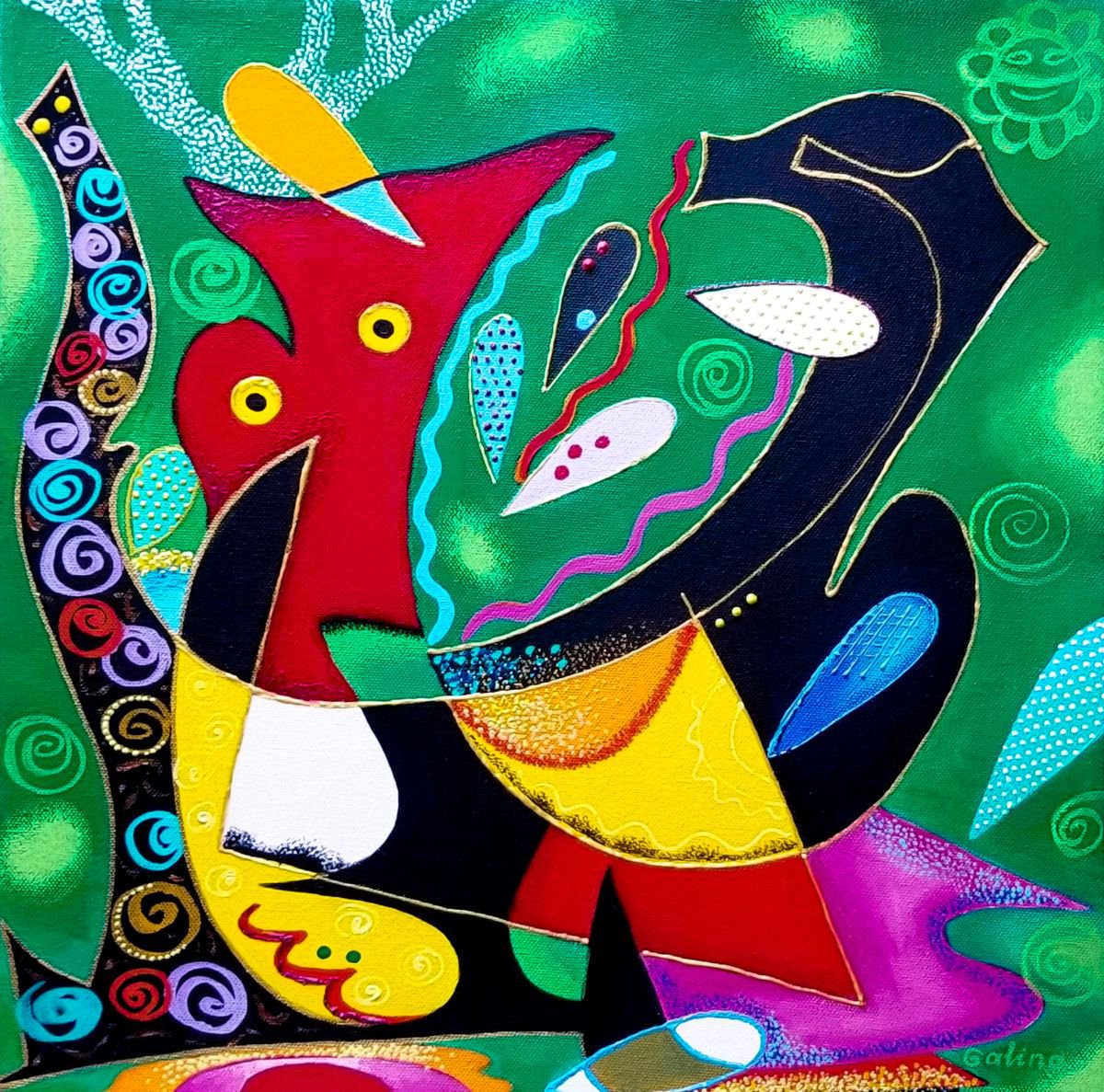 Abstract Acrylic Painting By Galina Victoria, 16 X 16, Dances Of Taino, Original Artwork