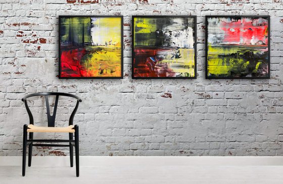 We See Through You - Save As A Series - Original PMS Abstract Triptych Acrylic Paintings On Wooden Panels, Framed - 78" x 26"