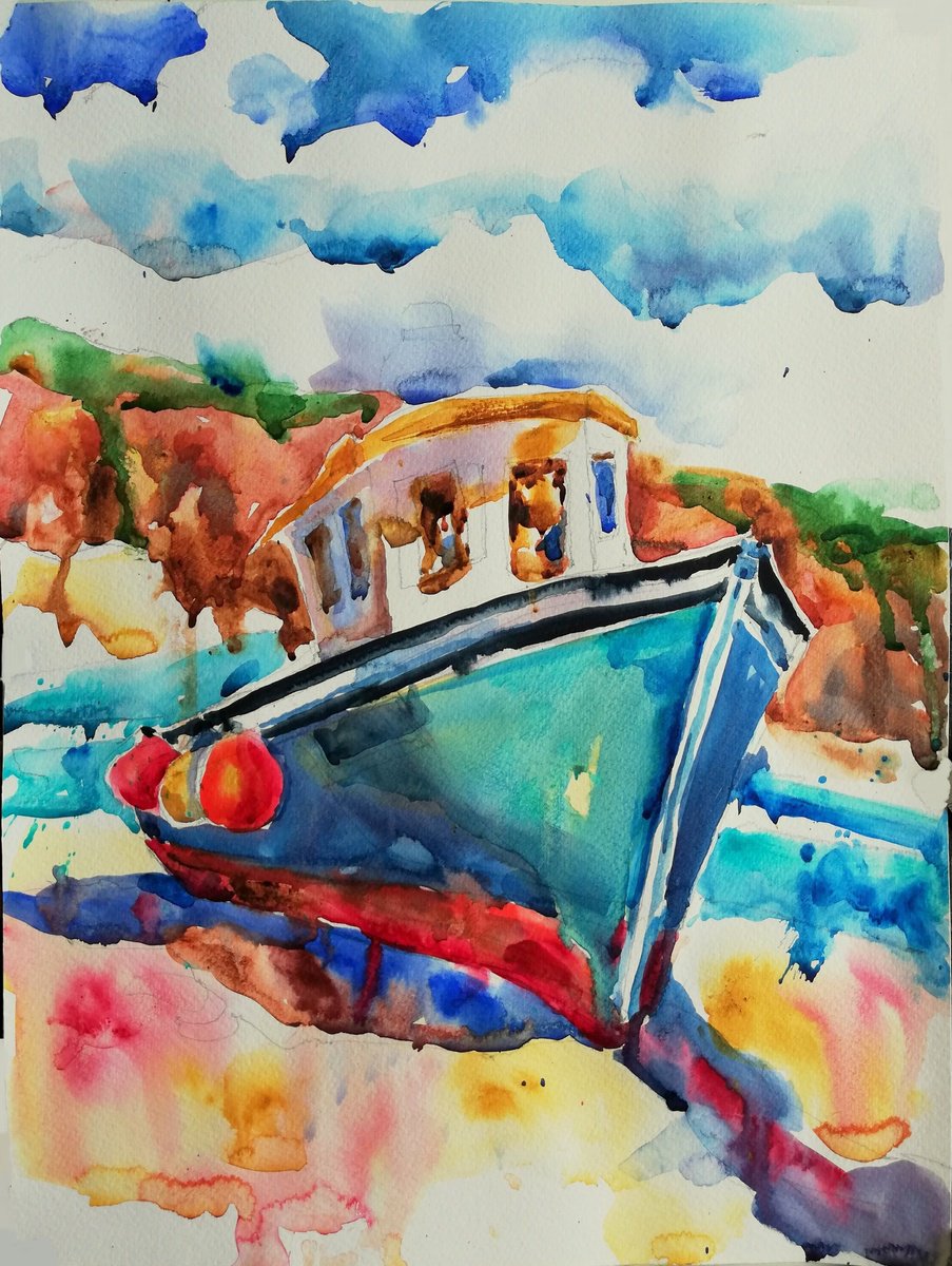 Impressionistic Landscape Watercolour By Jelena Djokic, 12 X 16, Boat On Sand, Original Artwork