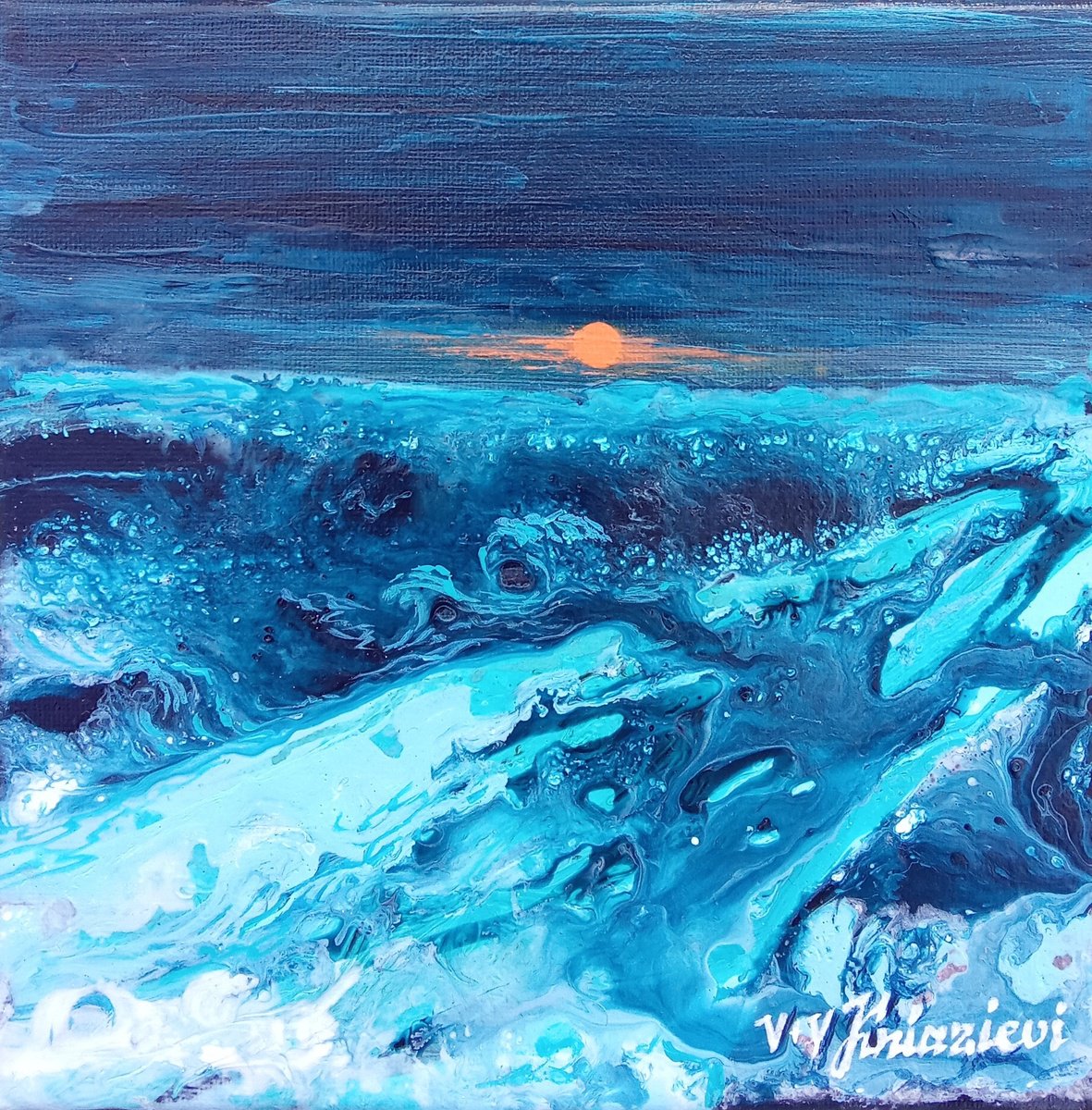 Impressionistic Landscape Acrylic Painting By V+V Kniazievi, 8 X 8", "Calming Seascape #4", Original Artwork