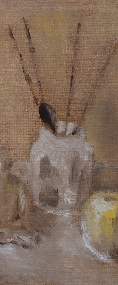 Sketch with wooden Buddha, chop sticks, Japanese  pear and spoon by Elena Zapassky