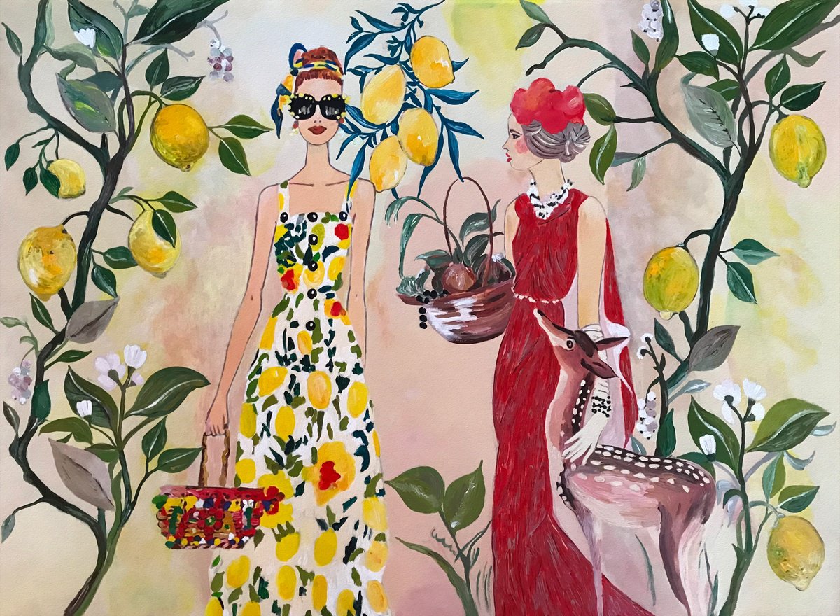 Illustrative Portrait Acrylic Painting By Artemisia, 39 X 28, Amalfi Garden-Vintage, Original Artwork