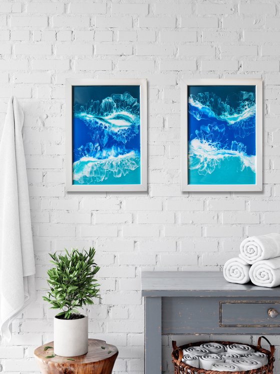 Diptych "My ocean" - set of 2 original seascape 3d artwork, framed, ready to hang