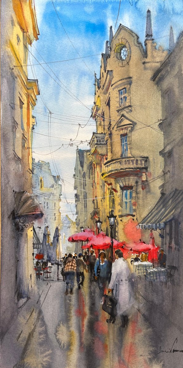 Expressive Cityscapes Watercolour By Samira Yanushkova, 8 X 16", Cityscape With Terraces, Original Artwork