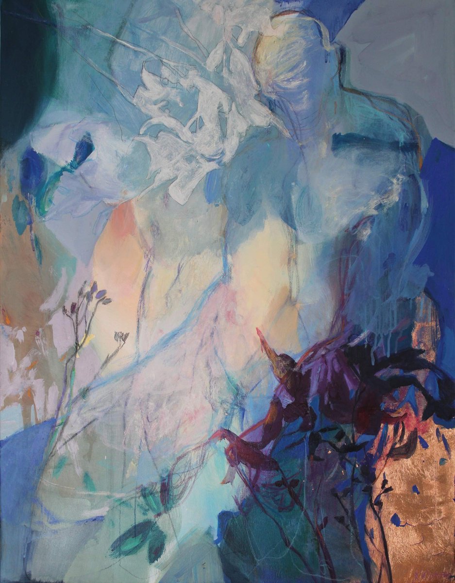 Organic Abstract Acrylic Painting By Magdalena Morey, 28 X 35", The Quiet Bloom 1, Original Artwork