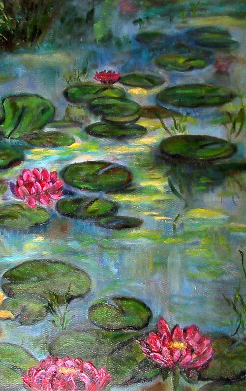 Water Lilies in the Pond Modern Oil Artwork Monet Inspiration for Wall Decor Blue Bridal Mother Girlfriend Gift by Katia Ricci