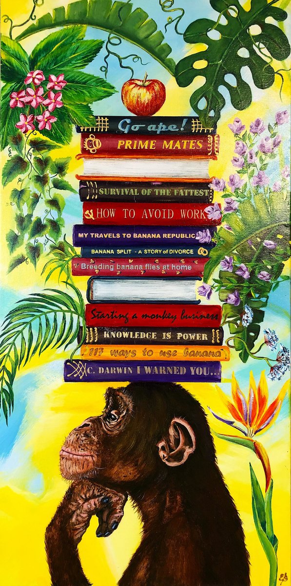 Impressionistic Animal Acrylic Painting By Lena Smirnova, 16 X 31", Knowledge Is Power #7, Original Artwork