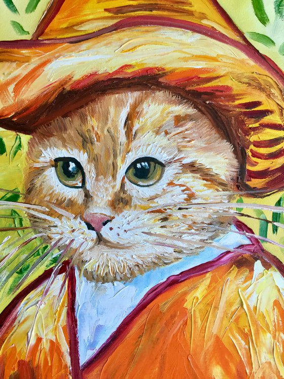 Satisfied  Cat La Van Gogh in a straw hat FELINE ART FOR CAT LOVERS GIFT IDEA