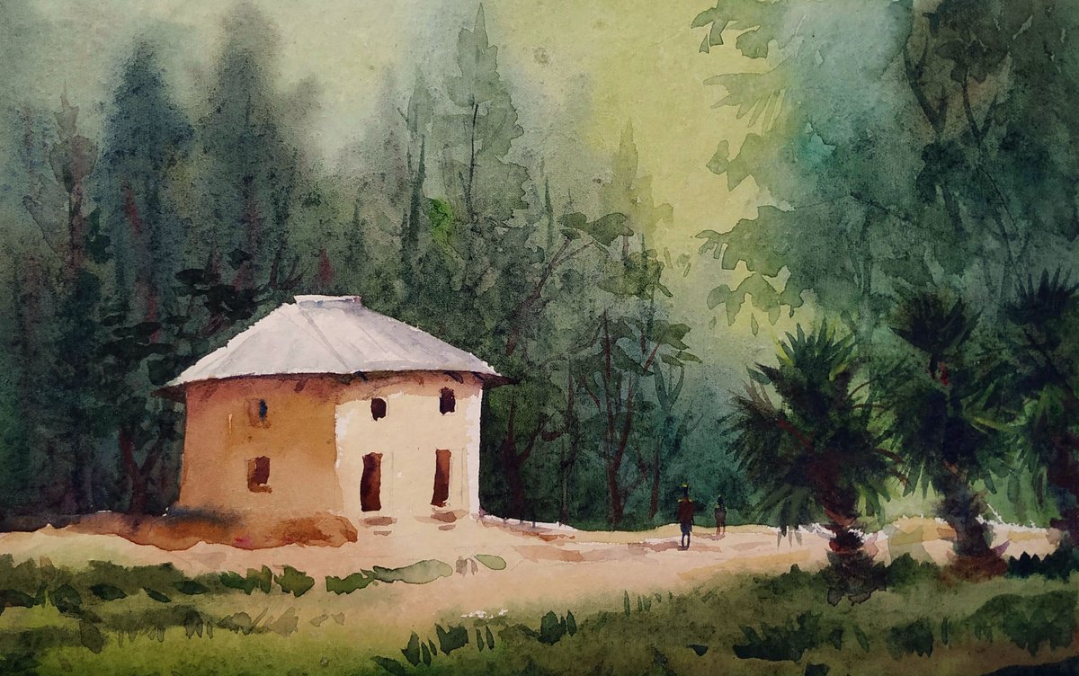Impressionistic Landscape Watercolour By Samiran Sarkar, 10 X 7", Lonely Silent Rural Hut, Original Artwork
