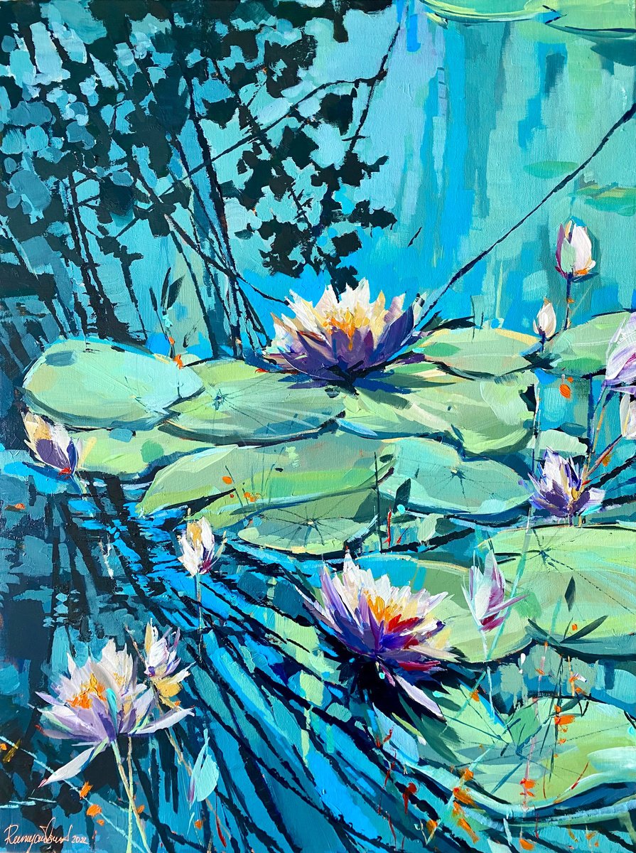 Abstract Botanical Acrylic Painting By Irina Rumyantseva, 24 X 31, Flowering Water Lillies 2, Original Artwork