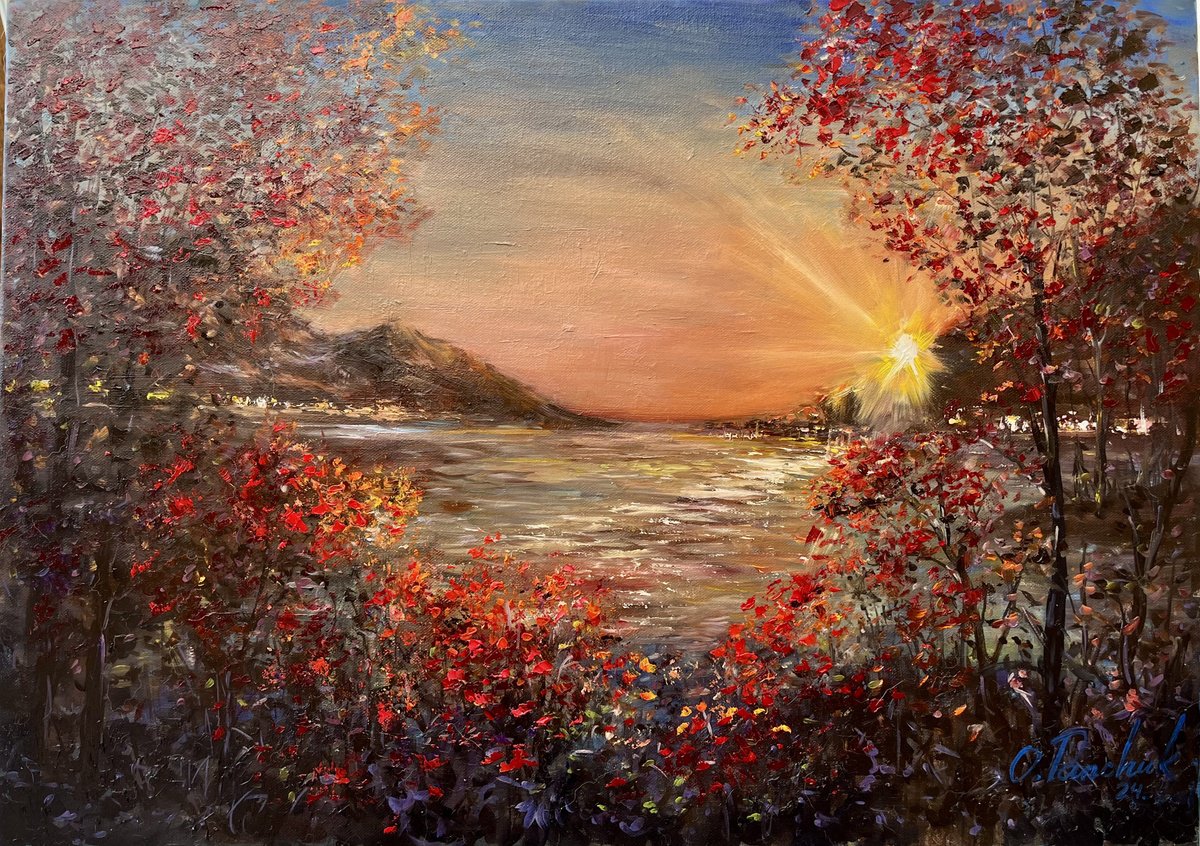 Impressionistic Landscape Oil Painting By Oleg Panchuk, 28 X 20", Crimson Passage At Dusk, Original Artwork