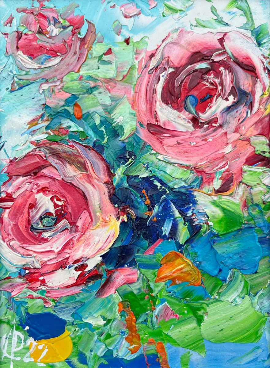 Abstract Botanical Oil Painting By Svitlana Andriichenko, 7 X 9", Tea Roses, Original Artwork