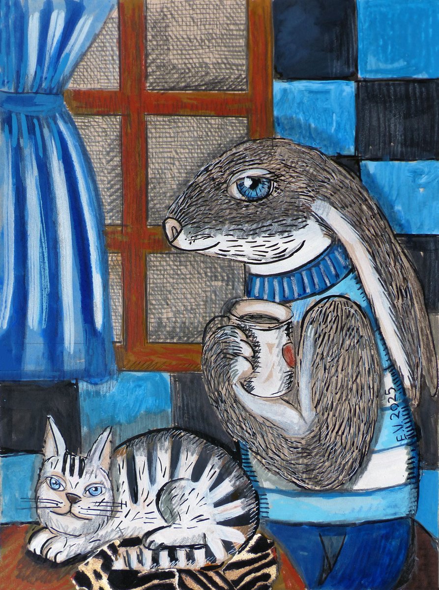 Surrealistic Animal Painting By Elizabeth Vlasova, 11 X 14, A Cup Of Warm Tea, Original Artwork