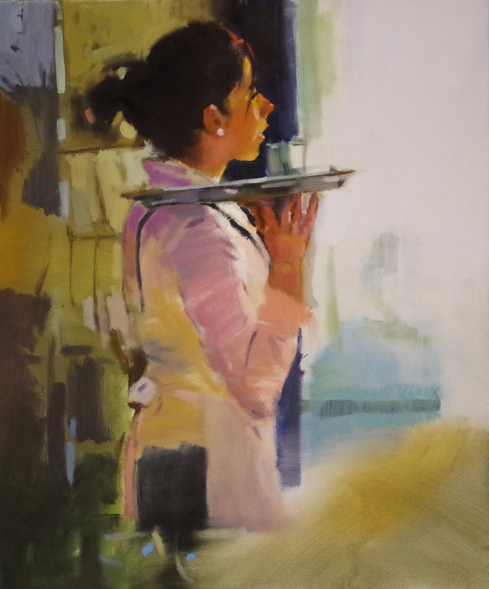 Impressionistic Portrait Oil Painting By Vygandas Doveika, 20 X 24", Waitress, Original Artwork